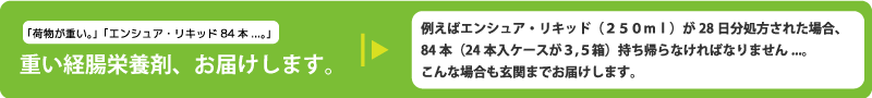 例えばエンシュア・リキッド（２５０ｍｌ）28日分、処方された場合、84本（24本入ケースが３，５箱）持ち帰らなければなりません・・・。こんな場合も玄関までお届けします。