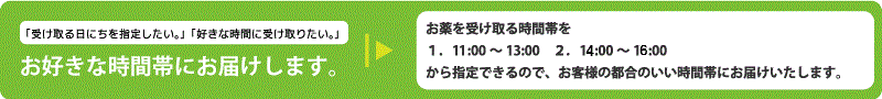 お薬を受け取る時間帯を１．10:00～13:00　２．13:00～16:00　３．16:00～19:00から指定できるので、お客様の都合のいい時間帯にお届けいたします。